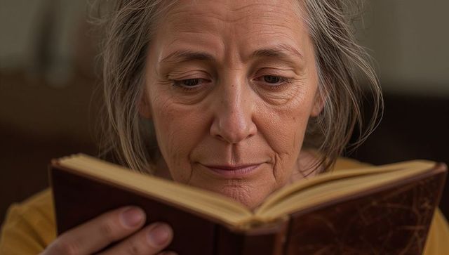 Senior woman reading gilt-edged book in warm soft light, intimate portrait