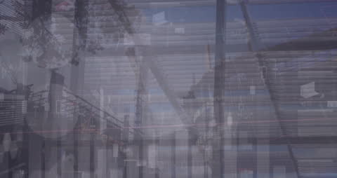 Digitally animated financial data overlaying an urban cityscape, symbolizing modern business and technology integration. Ideal for presentations, financial tech adverts, city branding, or educational resources on global business and finance.