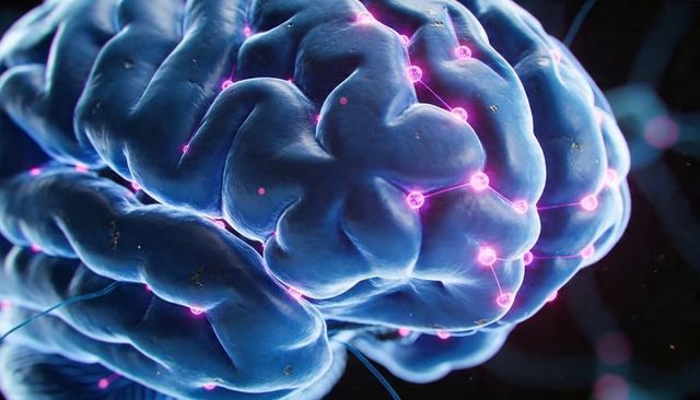 Glowing neural network brain model with magenta synapse nodes and electric filaments