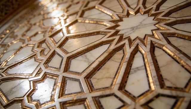 Ornate marble with gold inlay geometric star rosette polished mosaic panel luxury design