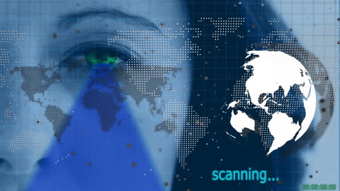 Futuristic Eye Scanner Technology with World Map Overlay