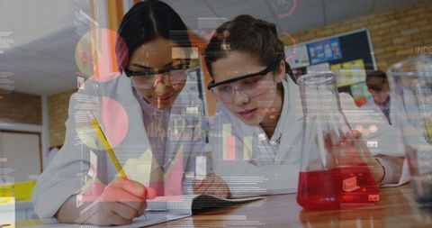 Innovative Teenage Girls Conducting Experiment with Digital Data Overlay