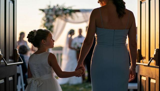 Flower girl holding hand with woman in light blue dress at wedding doorway during sunset
