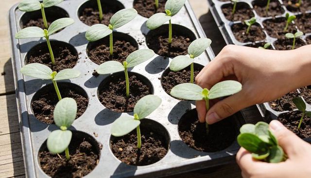 Hands transplanting seedlings into plug tray for home gardening and nursery propagation