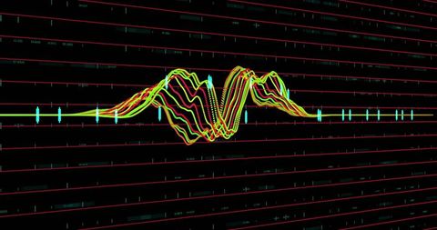 Neon multi-trace waveform on red grid spectrum display for futuristic tech interfaces