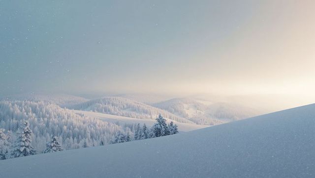 Winter Sunrise Over Snow-Covered Rolling Hills With Frost-Coated Pines and Misty Ridges