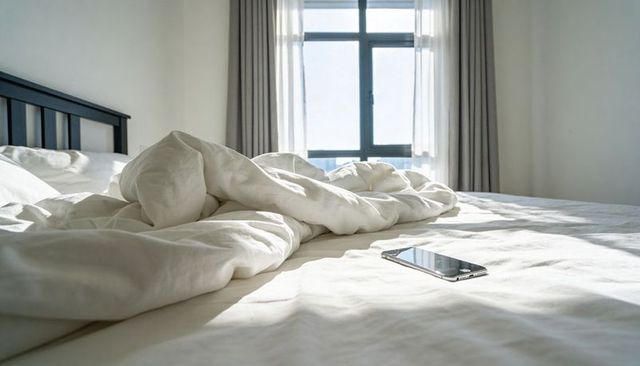 Sunlit rumpled white bed with smartphone on sheet in minimalist bedroom morning light
