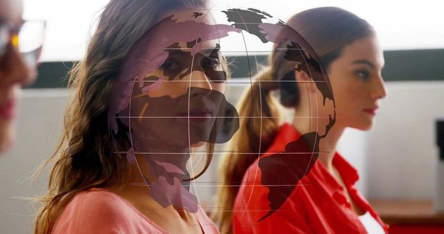 Professional Women in Meeting with Holographic Globe Concept