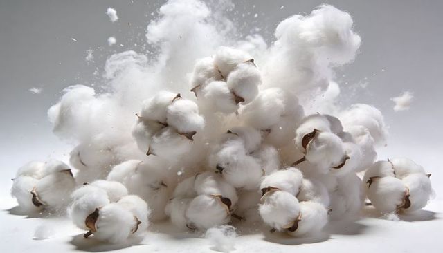 Cotton bolls piling with floating lint and soft fibers showing natural texture
