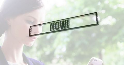 Professional Woman Checking Smartphone Outdoors with NOW Call-to-Action