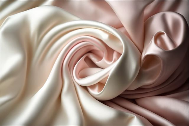 Luxurious swirling silk fabric in soft ivory and blush colors provides a sophisticated background or texture for various design projects. Ideal for fashion magazines, graphic design assets, wedding invitations, and luxury product advertising.