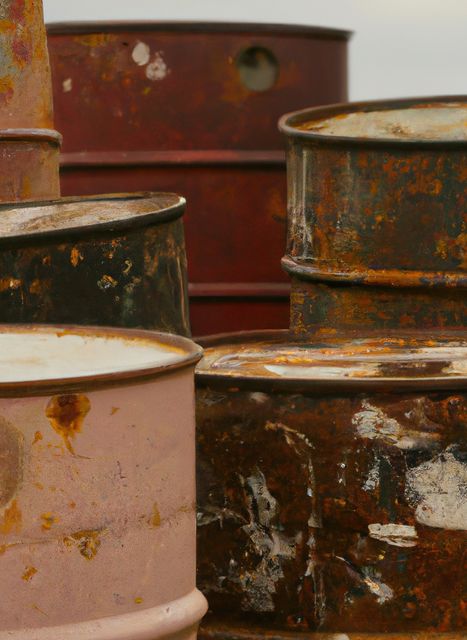 Close up of old oil drums created using generative ai technology. Factory and ecology concept, digitally generated image.