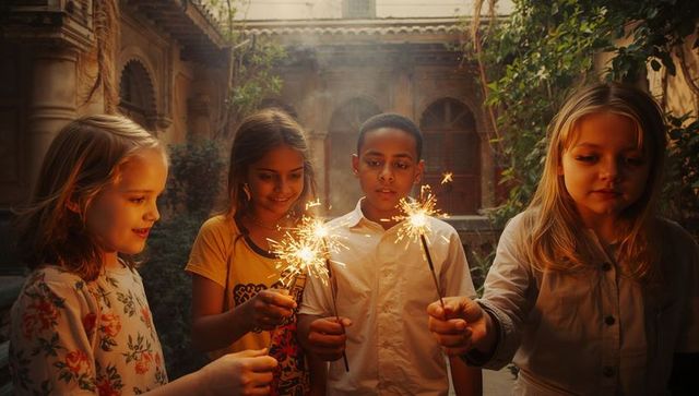 Children Celebrating with Sparklers in Courtyard