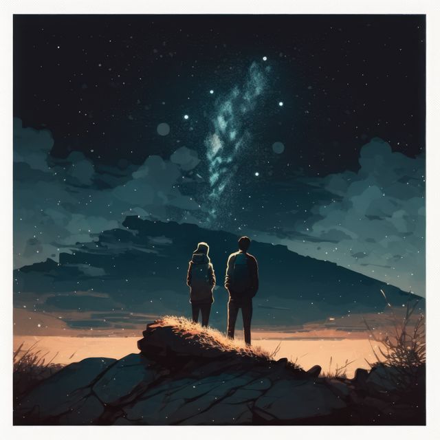 Couple in mountains star gazing at night sky, created using generative ai technology - Download Free Stock Photos Pikwizard.com