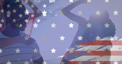 Friends celebrating at beach under american flag overlay, summer joy and friendship