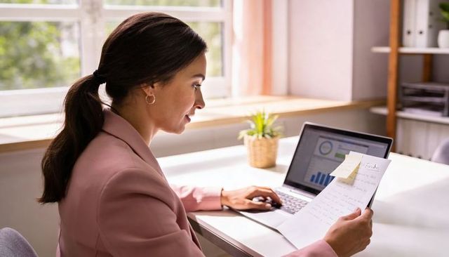 Young professional reviewing charts while working from home office laptop and documents