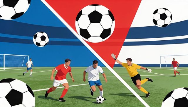 Soccer action dribbling forward goalkeeper diving stadium pitch with colorful banners
