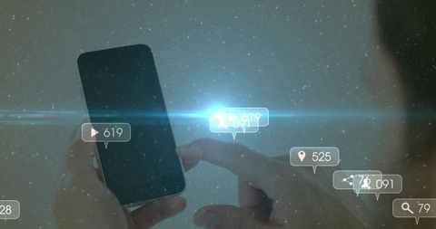 User interacting with smartphone and holographic social icons