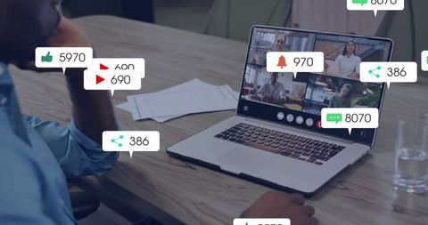 Remote team collaborating in video conference with live social engagement icons and data