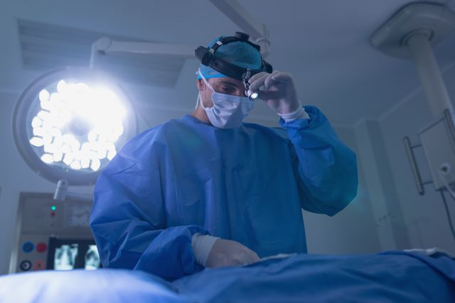 Male surgeon holding surgical headlamp in operating room - Download Free Stock Photos Pikwizard.com