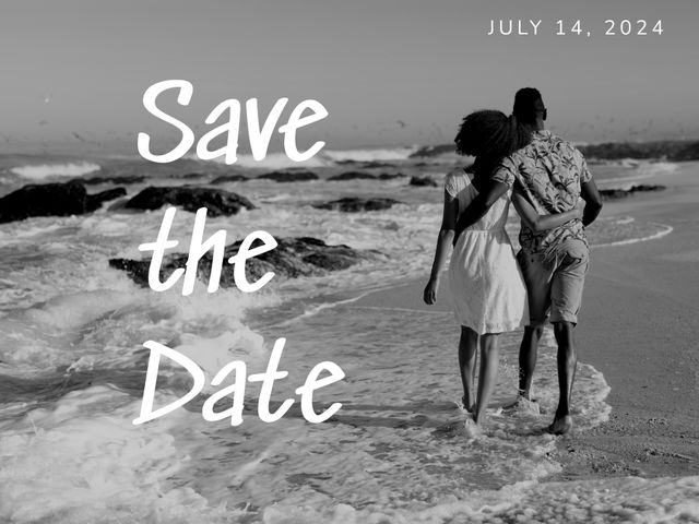 This template featuring a couple walking hand-in-hand on a beach at sunset is perfect for Save the Date announcements for weddings or engagements. The serene ocean background and romantic setting create a beautiful, inviting atmosphere. Ideal for inviting guests to a beach wedding or any event centered on love and romance.