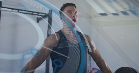 Athlete lifting barbell at power rack with augmented reality fitness overlays