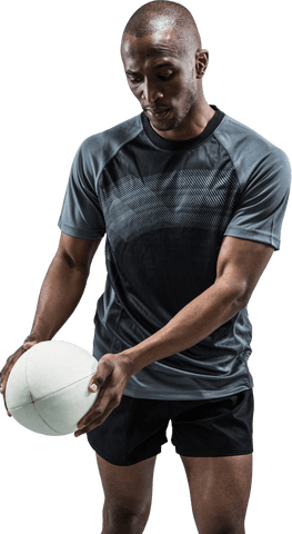Athlete Examining Rugby Ball Against Transparent Background