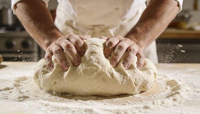 Hands Kneading Rustic Dough on Floured Wooden Board, Artisan Baker Preparing Bread