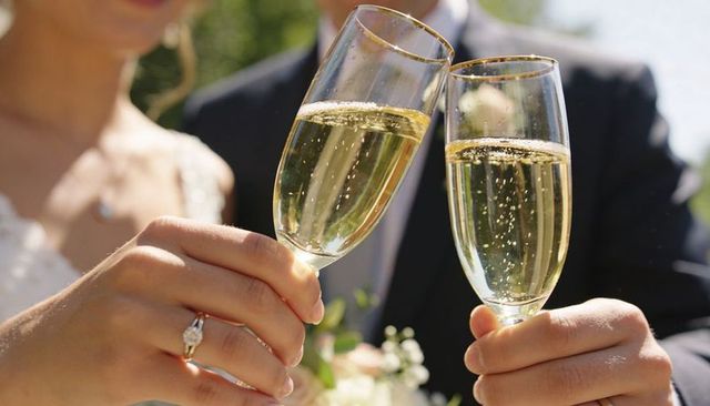 Bride and groom clinking champagne flutes showing engagement ring and gold-rimmed glasses
