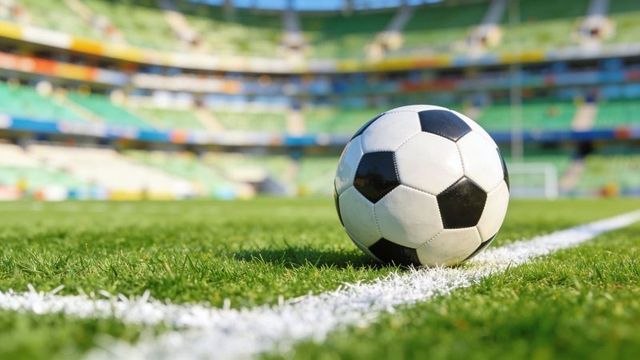 Resting black-and-white soccer ball on white line at stadium pitch in sunlight closeup