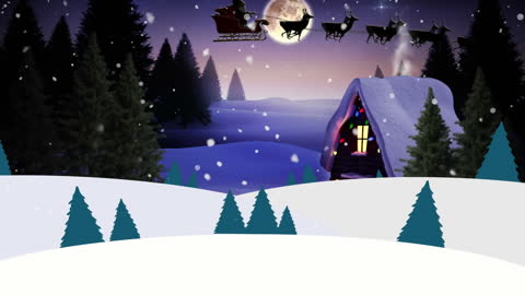 Snow-Covered Landscape with Santa's Sleigh in Sky
