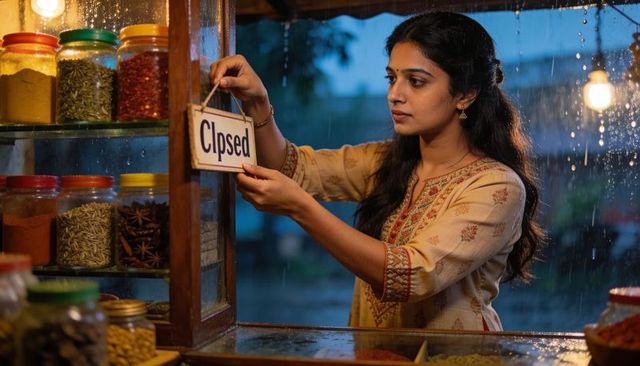 Female shopkeeper hanging closed sign on wooden spice stall during rainy evening glow