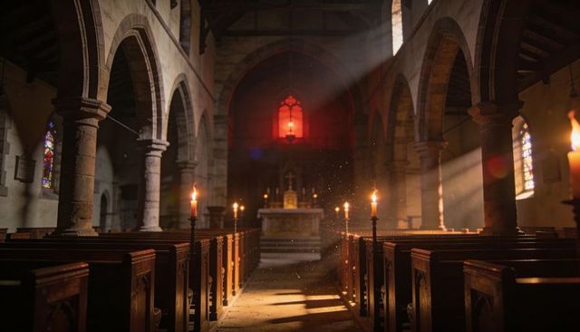 Sunlit gothic chapel with candlelit aisle leading to altar and cross, historic stained glass