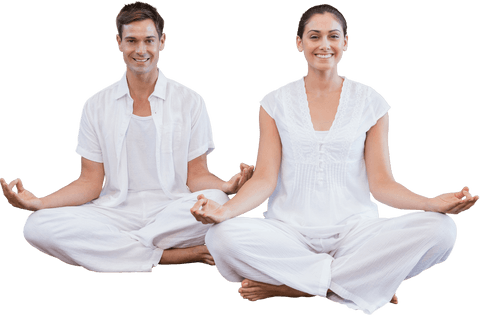 Smiling Caucasian Couple Meditating in Yoga Poses on Transparent Background