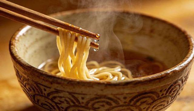 Steaming ramen noodles lifting with chopsticks over rustic patterned stoneware bowl