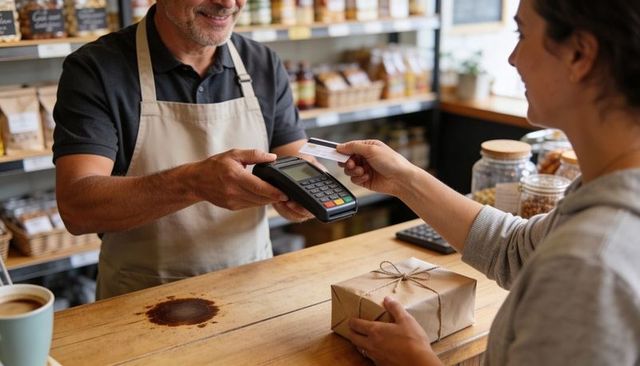 Small business clerk accepting contactless card payment at cozy shop counter