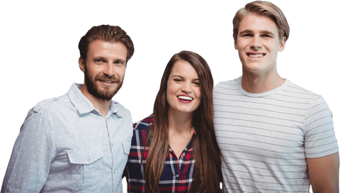 portrait showing young professionals standing together, conveying happiness and teamwork. smiling individuals suggest friendliness, accessibility, and collaboration. useful for promotional materials in business settings, networking events visuals, or internal company communications to emphasize corporate culture and team spirit.