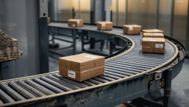 Curved conveyor carrying cardboard packages through automated warehouse sorting line