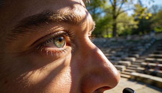 Sunlit closeup of male green eye and profile with microphone at outdoor amphitheater