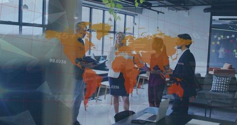 Global business team collaborating with digital world map overlay in modern open-plan office