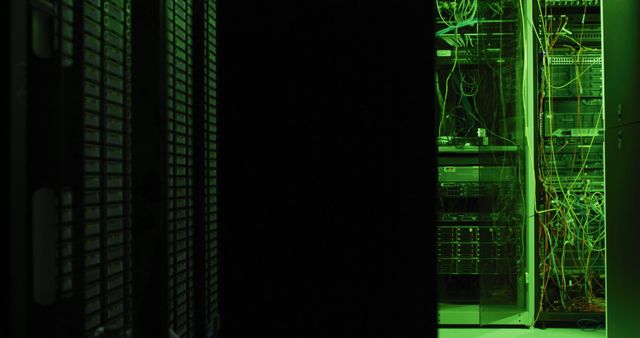 Close up of green control lights on computer servers in tech room. information technology, data processing and computers.