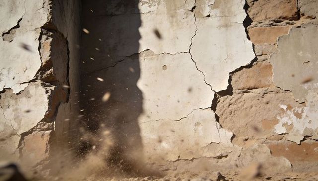 Sunlit crumbling plaster wall revealing exposed masonry with dust cloud and grunge texture
