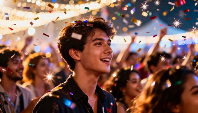 Teen celebrating under string lights with confetti and sparkles at outdoor festival