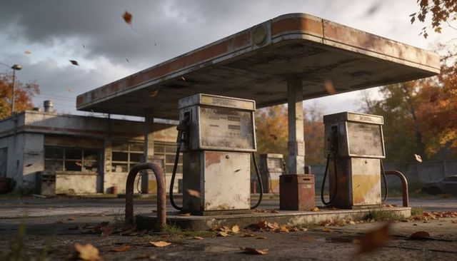 Abandoned rusted gas station pumps in autumn, cracked pavement, falling leaves