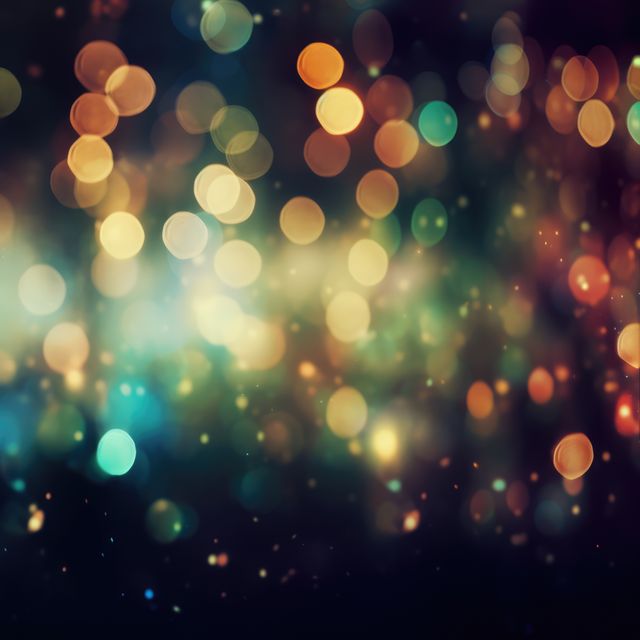 Capturing vibrant and colorful bokeh lights, this image showcases defocused glitter and sparkle in an abstract pattern. Ideal for festive celebrations, holiday cards, invitations, or as a decorative background for digital and print media. Perfect for creating a warm and joyful atmosphere.