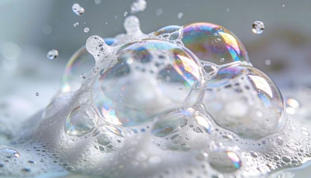Iridescent soap bubbles clustering on wet countertop with foam and water droplets macro