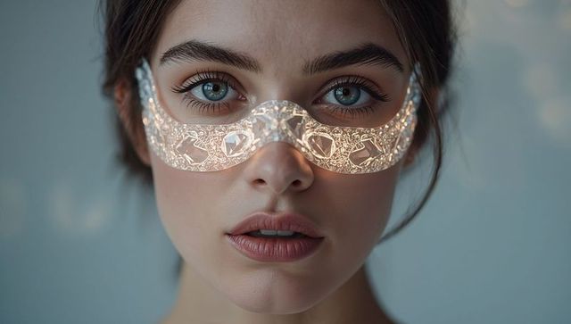 Young woman wearing luminous filigree crystal eye mask gazing with calm expression