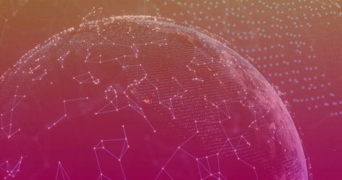 Neon data globe connecting global networks with glowing nodes, dotted grid and mesh links