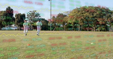 Two Men Running on Park Field for Fitness Drill with Financial Data Overlay and Copy Space