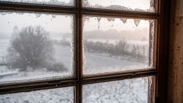 Frosted multi-pane cabin window framing snowy field and bare tree at sunrise